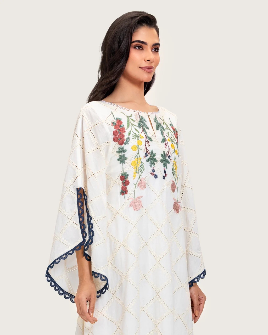 Embroidered Eyelet Ivory Kaftan Dress with Floral Details and Trims - Image 10